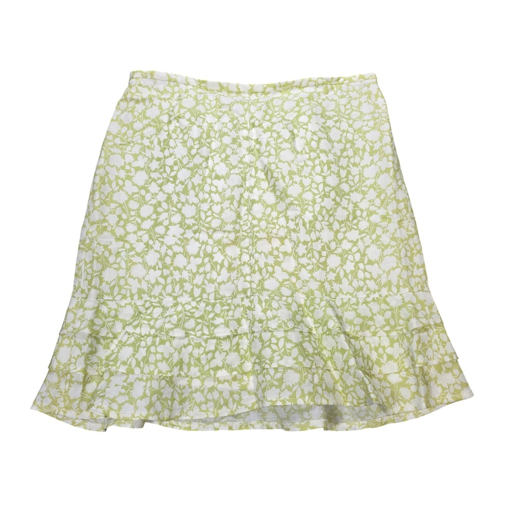 Ann Taylor LOFT Floral Ruffle Skirt Women's Size 8 Lime Green White Linen Blend